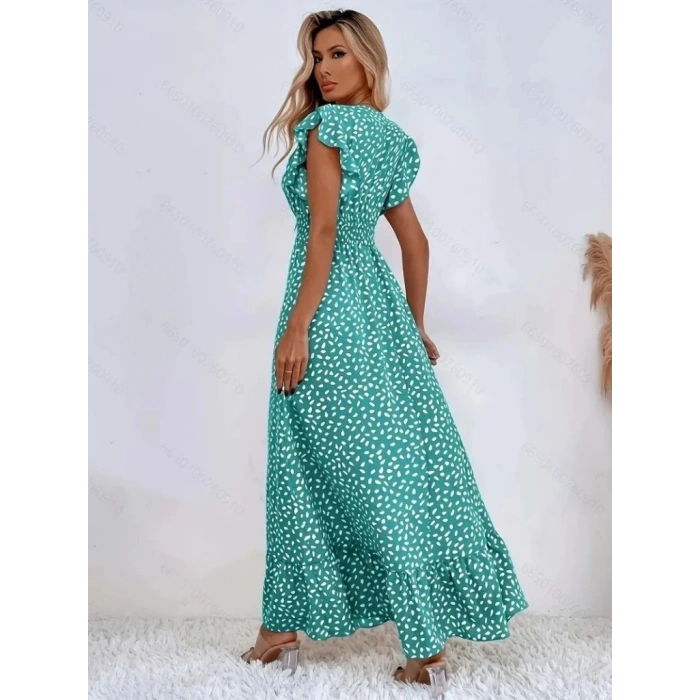 MDB Kadın Kısa Kollu Kruvaze Yaka Beli Lastikli çiçek Desenli Elbise