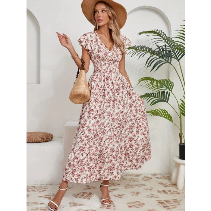 MDB Kadın Kısa Kollu Kruvaze Yaka Beli Lastikli çiçek Desenli Elbise