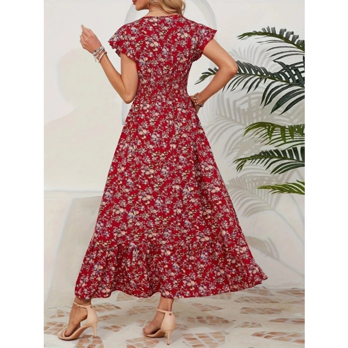 MDB Kadın Kısa Kollu Kruvaze Yaka Beli Lastikli çiçek Desenli Elbise