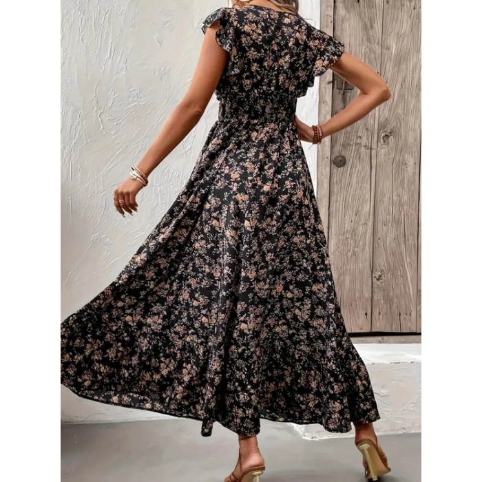 MDB Kadın Kısa Kollu Kruvaze Yaka Beli Lastikli çiçek Desenli Elbise