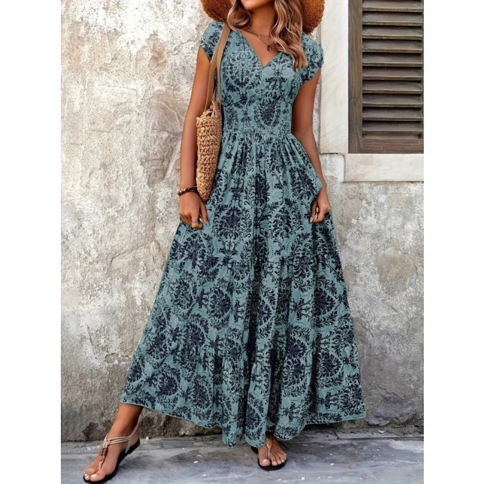 MDB Kadın Kısa Kollu Kruvaze Yaka Beli Lastikli Süprem Maksi Boy Elbise