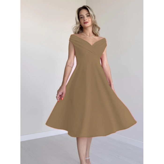 MDB Kadın Kısa Kollu Kruvaze Yaka Eteği Volanlı Krep Elbise