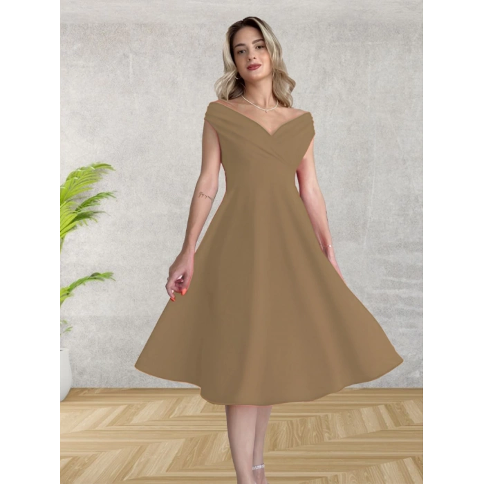 MDB Kadın Kısa Kollu Kruvaze Yaka Eteği Volanlı Krep Elbise