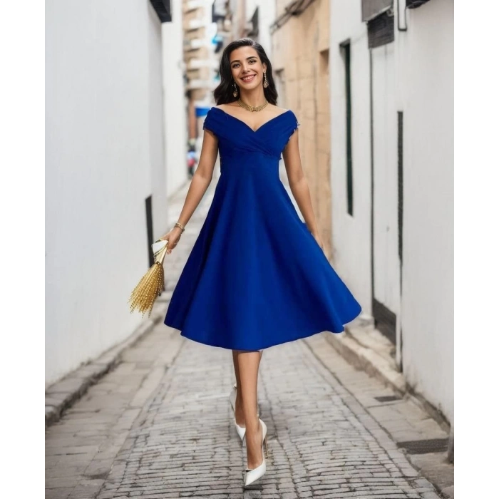 MDB Kadın Kısa Kollu Kruvaze Yaka Eteği Volanlı Krep Elbise