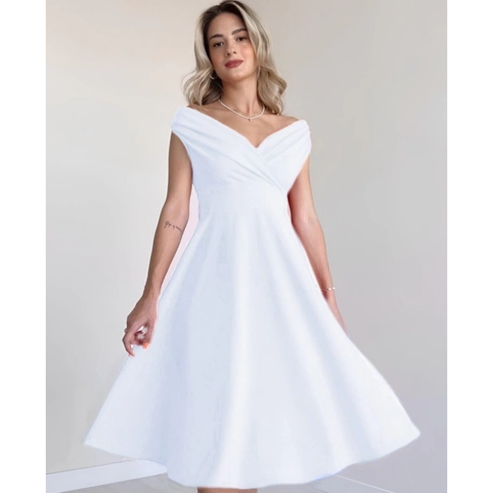 MDB Kadın Kısa Kollu Kruvaze Yaka Eteği Volanlı Krep Elbise