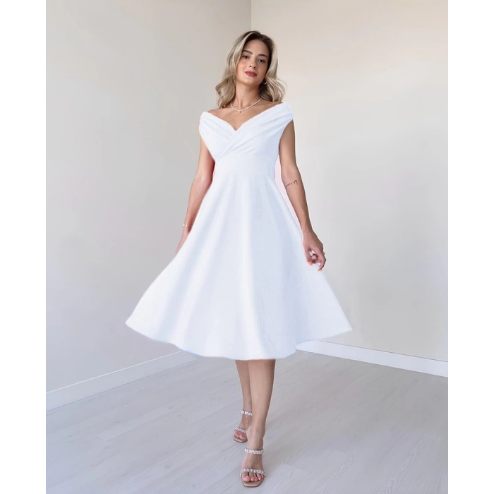 MDB Kadın Kısa Kollu Kruvaze Yaka Eteği Volanlı Krep Elbise