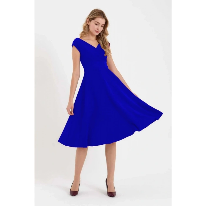 MDB Kadın Kısa Kollu Kruvaze Yaka Eteği Volanlı Krep Elbise