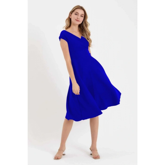 MDB Kadın Kısa Kollu Kruvaze Yaka Eteği Volanlı Krep Elbise