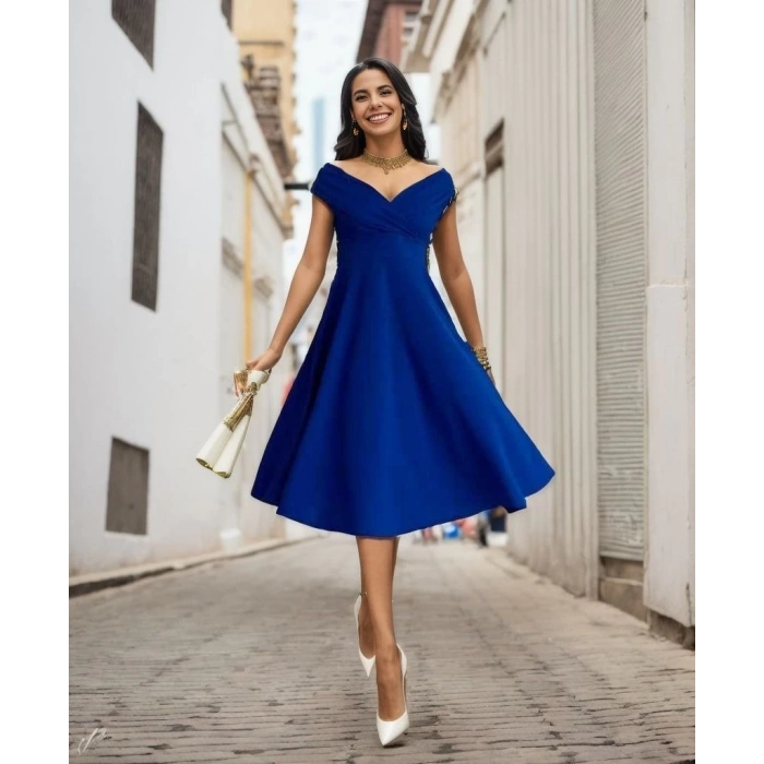 MDB Kadın Kısa Kollu Kruvaze Yaka Eteği Volanlı Krep Elbise