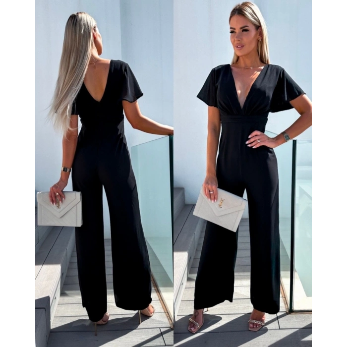 MDB Kadın Kısa Kollu Kruvaze Yaka ırt Dekolteli Pegasus Kumaş Tulum