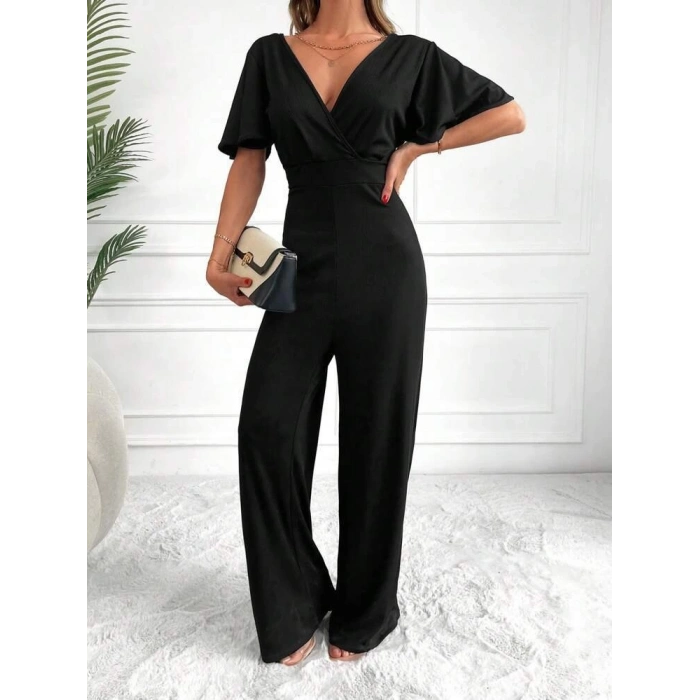 MDB Kadın Kısa Kollu Kruvaze Yaka ırt Dekolteli Pegasus Kumaş Tulum