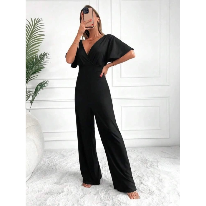 MDB Kadın Kısa Kollu Kruvaze Yaka ırt Dekolteli Pegasus Kumaş Tulum