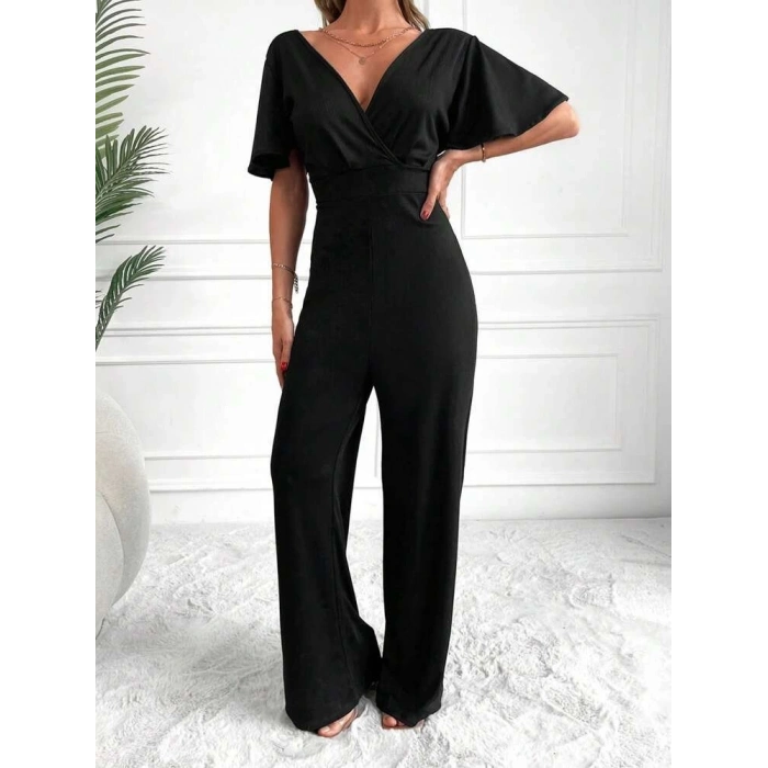 MDB Kadın Kısa Kollu Kruvaze Yaka ırt Dekolteli Pegasus Kumaş Tulum