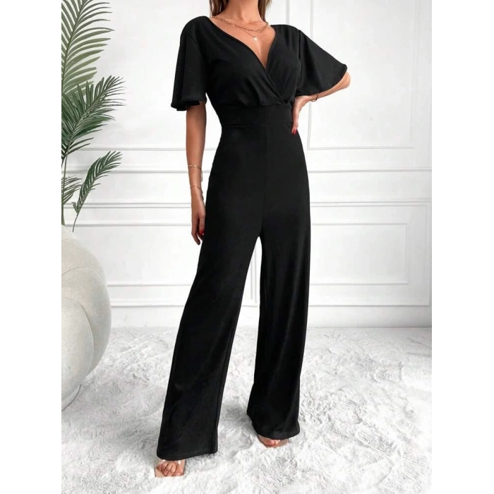 MDB Kadın Kısa Kollu Kruvaze Yaka ırt Dekolteli Pegasus Kumaş Tulum