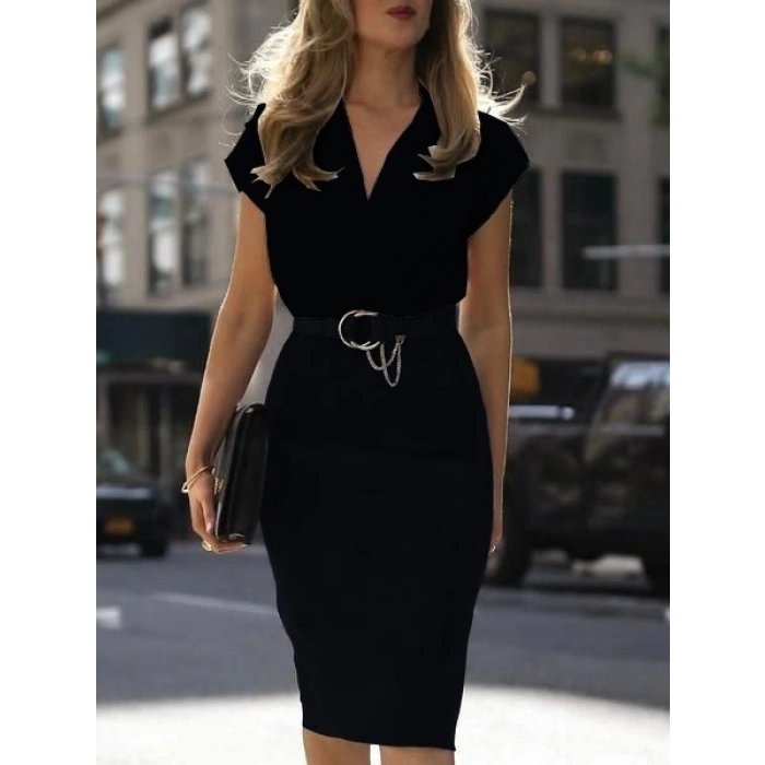 MDB Kadın Kısa Kollu Kruvaze Yaka Krep Elbise (Kemersiz)