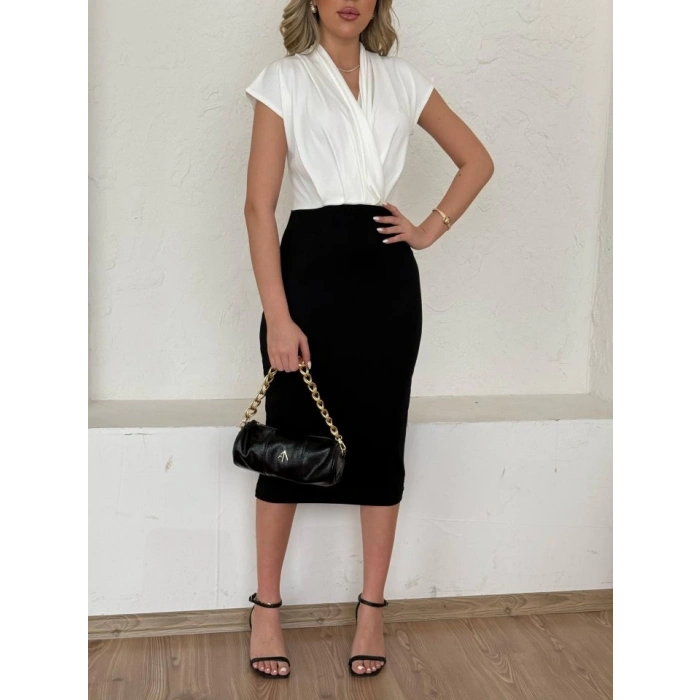 MDB Kadın Kısa Kollu Kruvaze Yaka Krep Elbise (Kemersiz)