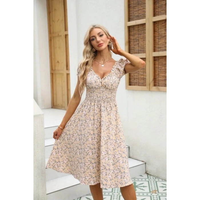 MDB Kadın Kısa Kollu Kruvaze Yaka Lastikli Belden Gipeli çiçek Desenli Suprem Elbise