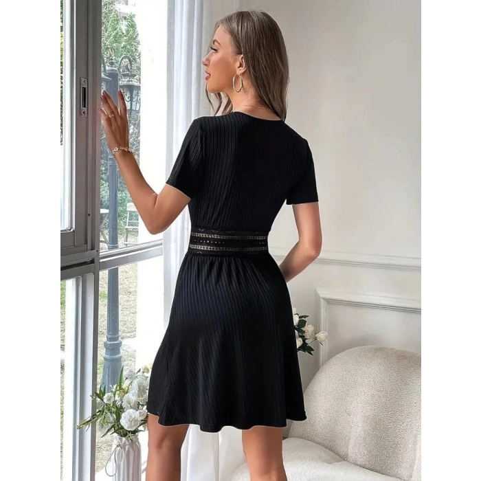 MDB Kadın Kısa Kollu Kruvaze Yakalı Belden Dantelli Kaşkorse Elbise