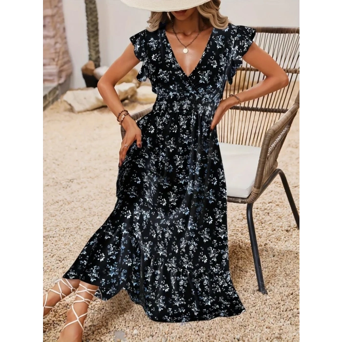 MDB Kadın Kısa Kollu Kruvaze Yakalı Beli Lastikli çiçek Desenli Elbise