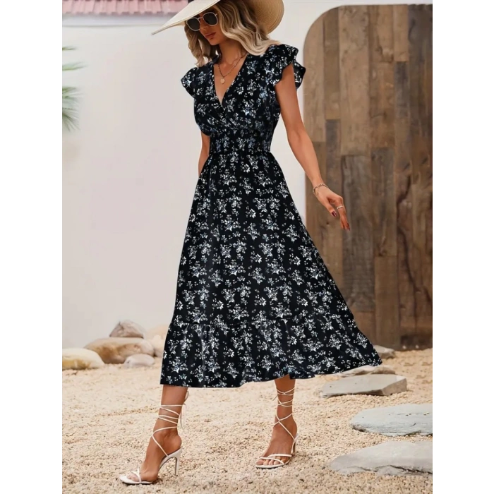 MDB Kadın Kısa Kollu Kruvaze Yakalı Beli Lastikli çiçek Desenli Elbise