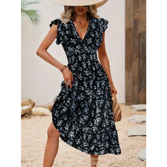 MDB Kadın Kısa Kollu Kruvaze Yakalı Beli Lastikli çiçek Desenli Elbise