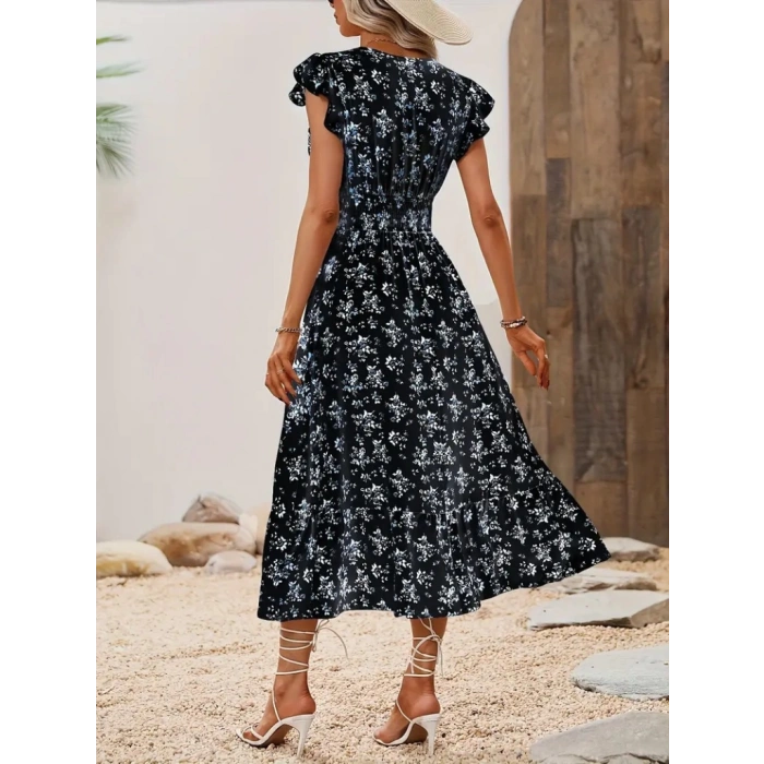 MDB Kadın Kısa Kollu Kruvaze Yakalı Beli Lastikli çiçek Desenli Elbise