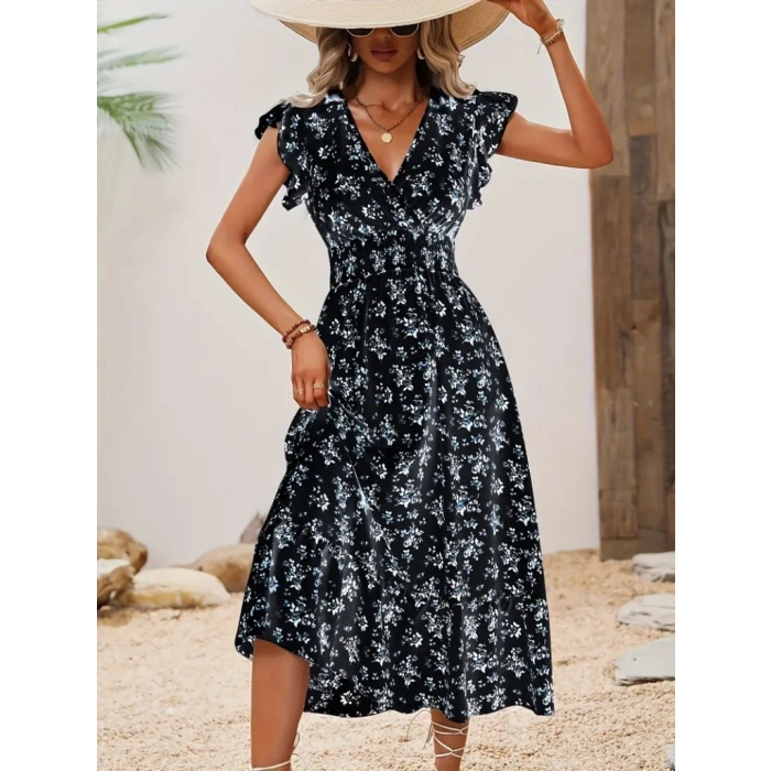 MDB Kadın Kısa Kollu Kruvaze Yakalı Beli Lastikli çiçek Desenli Elbise
