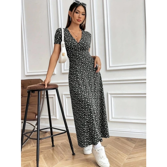 MDB Kadın Kısa Kollu Kruvaze Yakalı çiçek Desenli Süprem Elbise