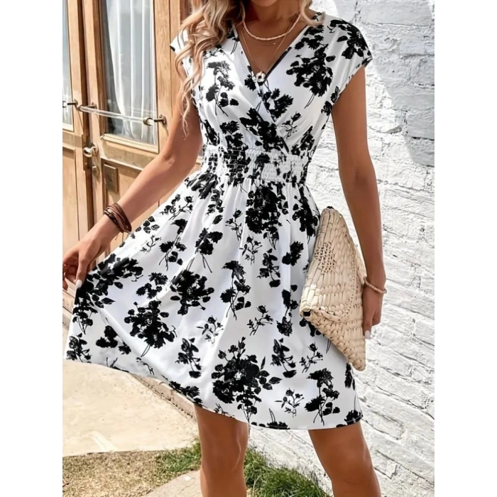 MDB Kadın Kısa Kollu Kruvaze Yakalı çiçekli Desenli Süprem Elbise