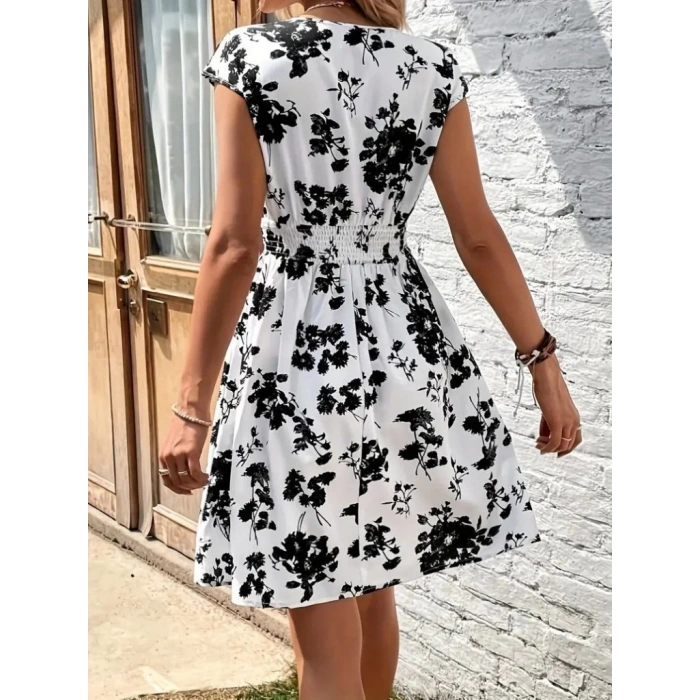 MDB Kadın Kısa Kollu Kruvaze Yakalı çiçekli Desenli Süprem Elbise
