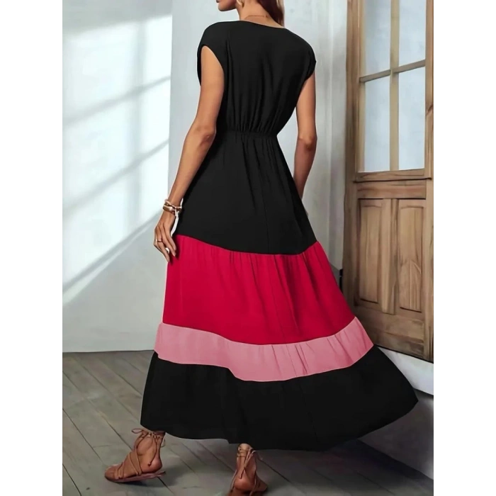 MDB Kadın Kısa Kollu Kruvaze Yakalı çok Renkli Aerobin Elbise