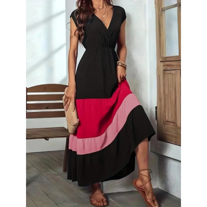 MDB Kadın Kısa Kollu Kruvaze Yakalı çok Renkli Aerobin Elbise