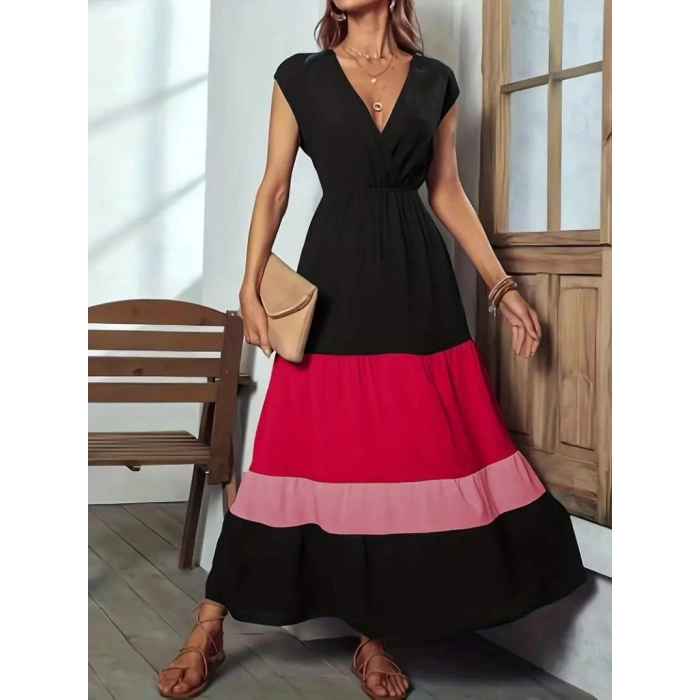 MDB Kadın Kısa Kollu Kruvaze Yakalı çok Renkli Aerobin Elbise