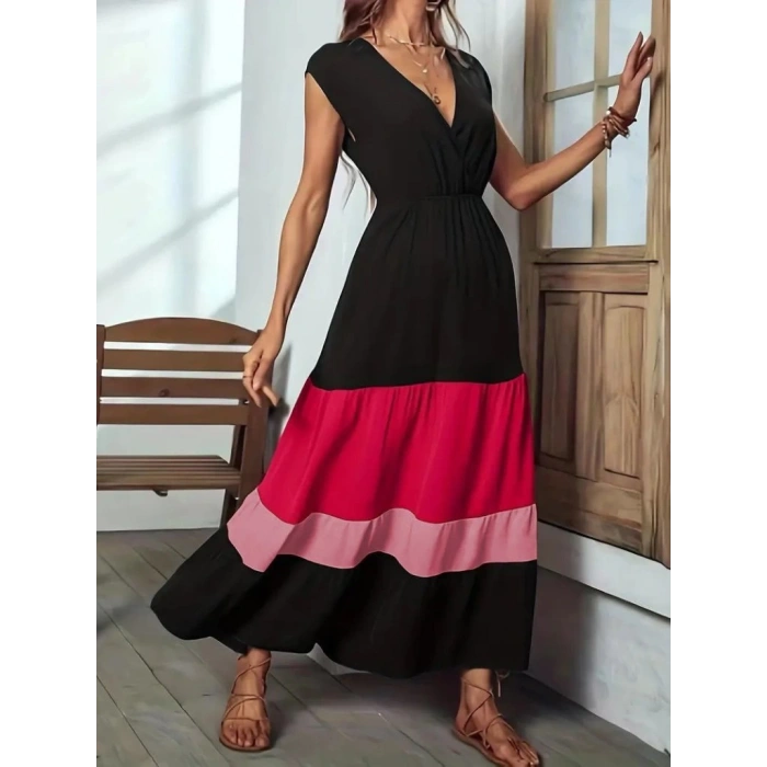 MDB Kadın Kısa Kollu Kruvaze Yakalı çok Renkli Aerobin Elbise