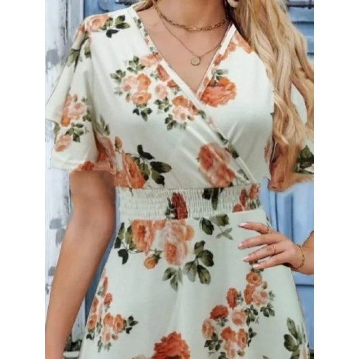 MDB Kadın Kısa Kollu Kruvaze Yakalı Desenli Süprem Kısa Elbise