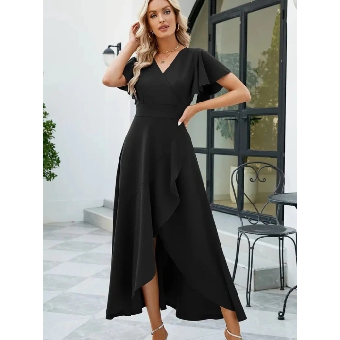 MDB Kadın Kısa Kollu Kruvaze Yakalı önden Volanlı çapraz Kesim Detaylı Maksi Boy Ithal Krep Elbise