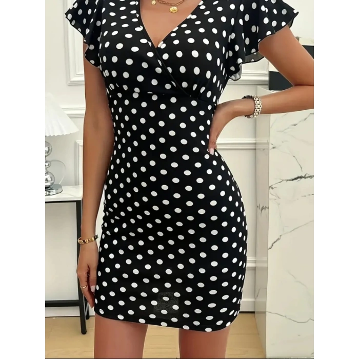 MDB Kadın Kısa Kollu Kruvaze Yakalı örme Puantiyeli Krep Elbise