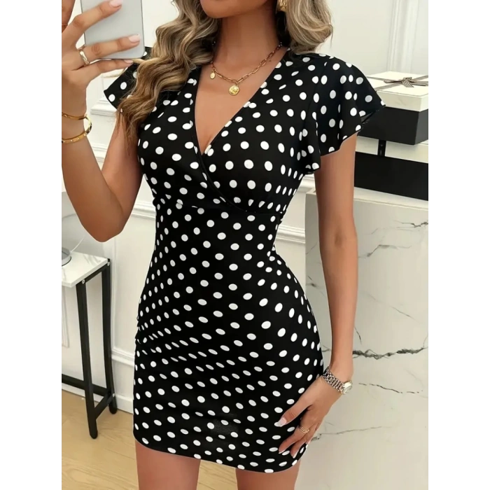 MDB Kadın Kısa Kollu Kruvaze Yakalı örme Puantiyeli Krep Elbise