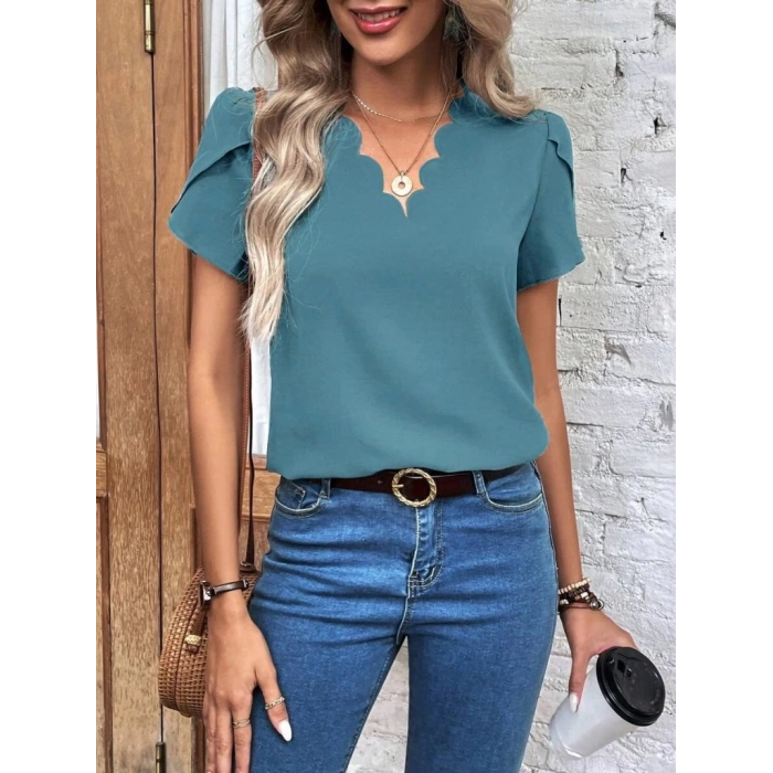 MDB Kadın Kısa Kollu Lazer V Yakalı Ithal Krep Bluz