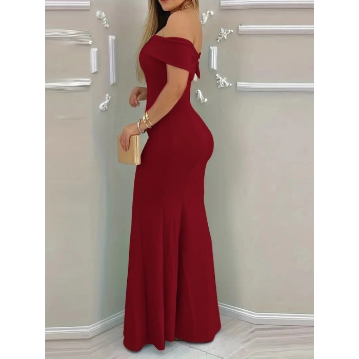 MDB Kadın Kısa Kollu Madonna Yaka Belden Oturtmalı Uzun Ithal Krep Elbise