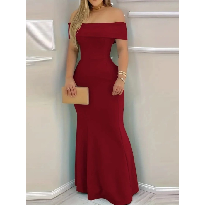 MDB Kadın Kısa Kollu Madonna Yaka Belden Oturtmalı Uzun Ithal Krep Elbise