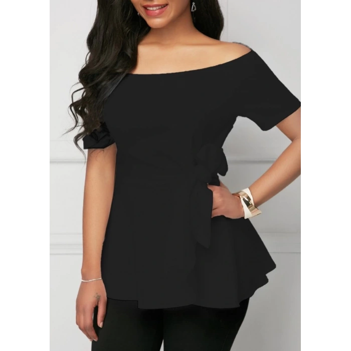 MDB Kadın Kısa Kollu Madonna Yaka Yandan Bağlamalı Ithal Krep Bluz