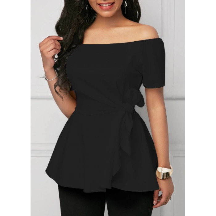 MDB Kadın Kısa Kollu Madonna Yaka Yandan Bağlamalı Ithal Krep Bluz