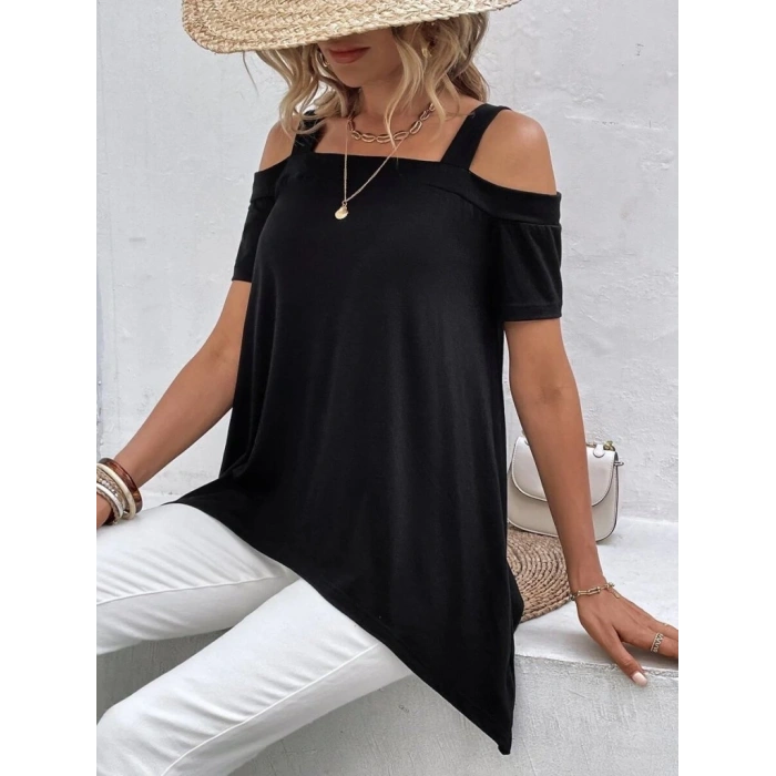 MDB Kadın Kısa Kollu Omuzlardan Açık Askılı Asimetrik Kesim Viskon Bluz