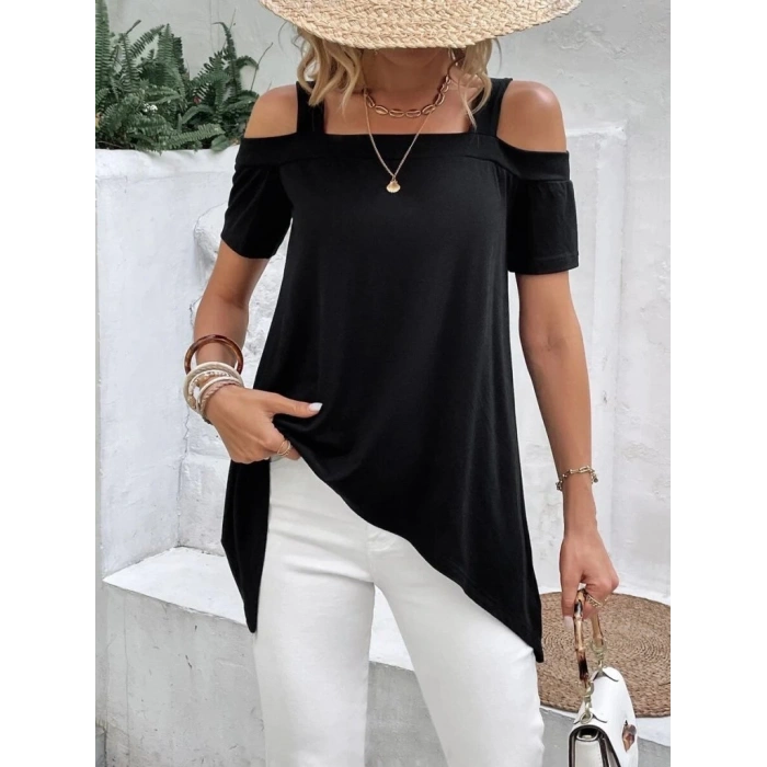 MDB Kadın Kısa Kollu Omuzlardan Açık Askılı Asimetrik Kesim Viskon Bluz