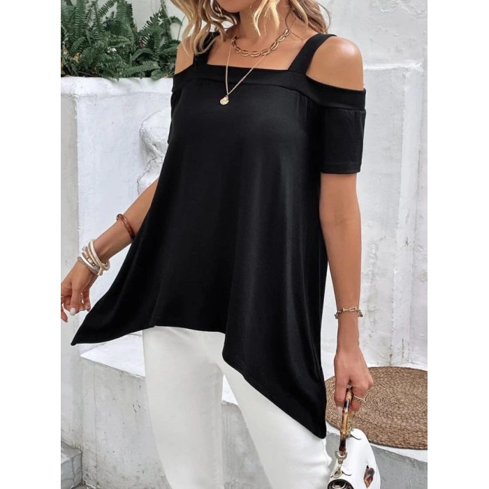 MDB Kadın Kısa Kollu Omuzlardan Açık Askılı Asimetrik Kesim Viskon Bluz