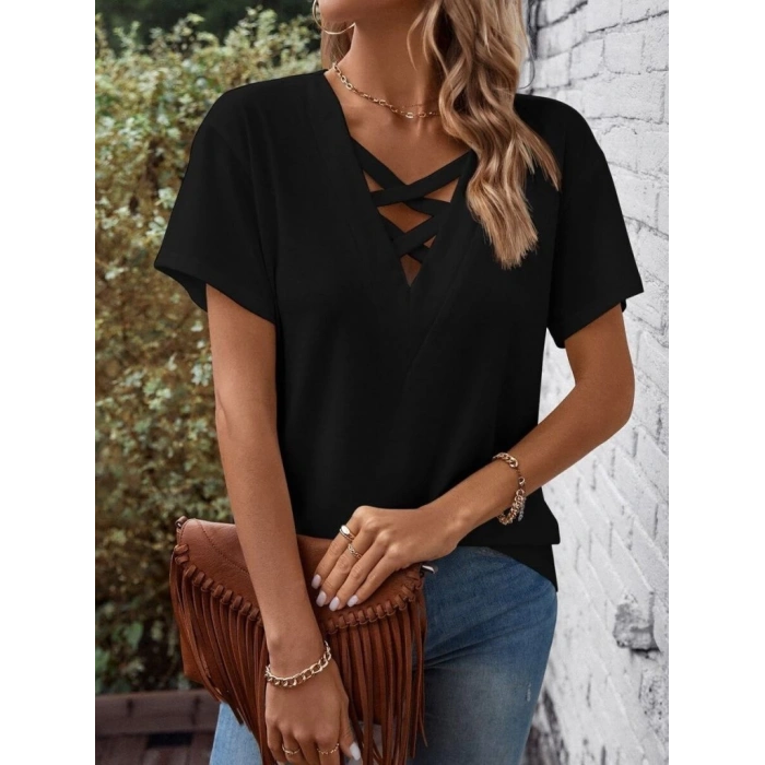 MDB Kadın Kısa Kollu önden çapraz Detay V Yakalı Viskon Bluz