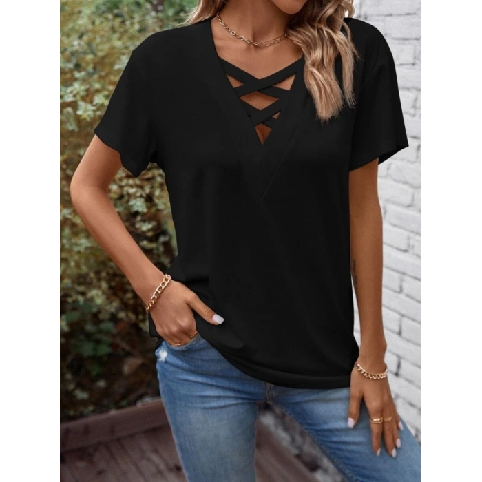 MDB Kadın Kısa Kollu önden çapraz Detay V Yakalı Viskon Bluz