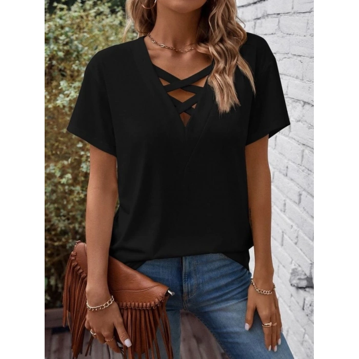 MDB Kadın Kısa Kollu önden çapraz Detay V Yakalı Viskon Bluz