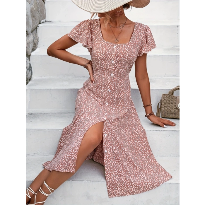 MDB Kadın Kısa Kollu önü Düğmeli Volanlı Minik Leopar Desen Midi Viskon Elbise